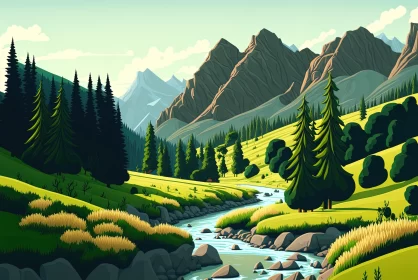 Idyllic Mountain Valley with Forest and River: Tranquil Serenity