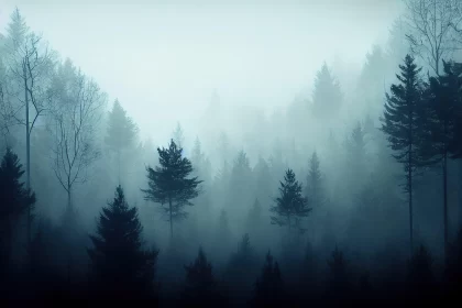 Misty Forest Landscape in Cyan and Black Tones