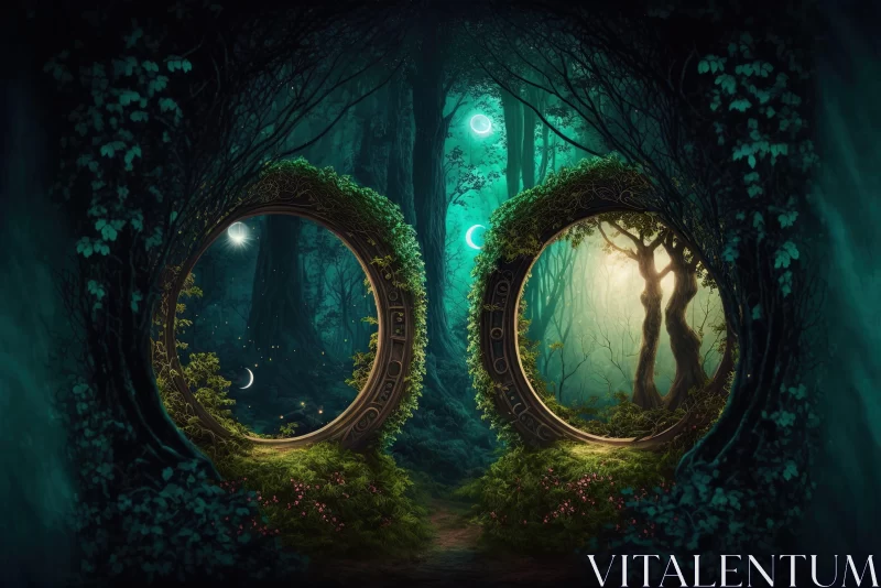 Mysterious Mirrors in Emerald Forest - Fantasy Artwork AI Image