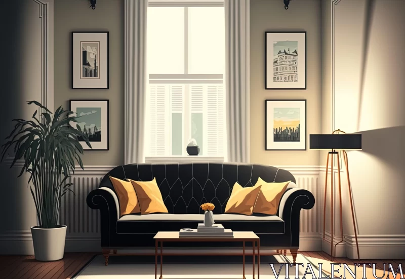 Vintage Poster Style Interior Design with Yellow Couch AI Image