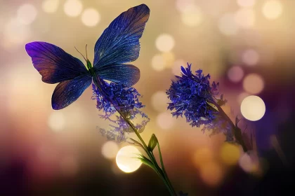 Butterfly on Blue Flower: A Blend of Romantic Realism and Nature-Inspired Art
