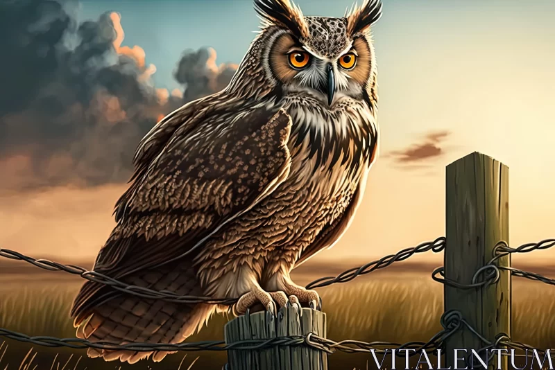 Evening Owl on Fence: A 2D Game Art Landscape AI Image