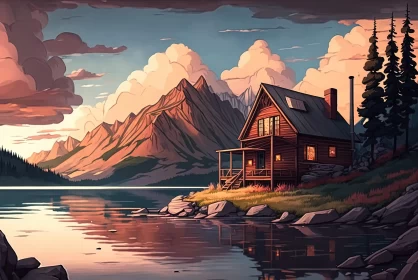 Painterly Style Illustration of Cabin by a Lake