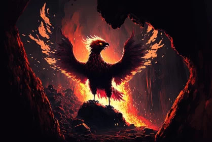 Phoenix in Cave: An Illustration of Raw Energy AI Image
