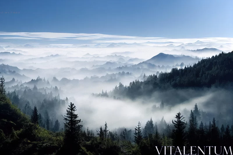 Romantic Swiss Style Foggy Forest and Mountain Ranges AI Image