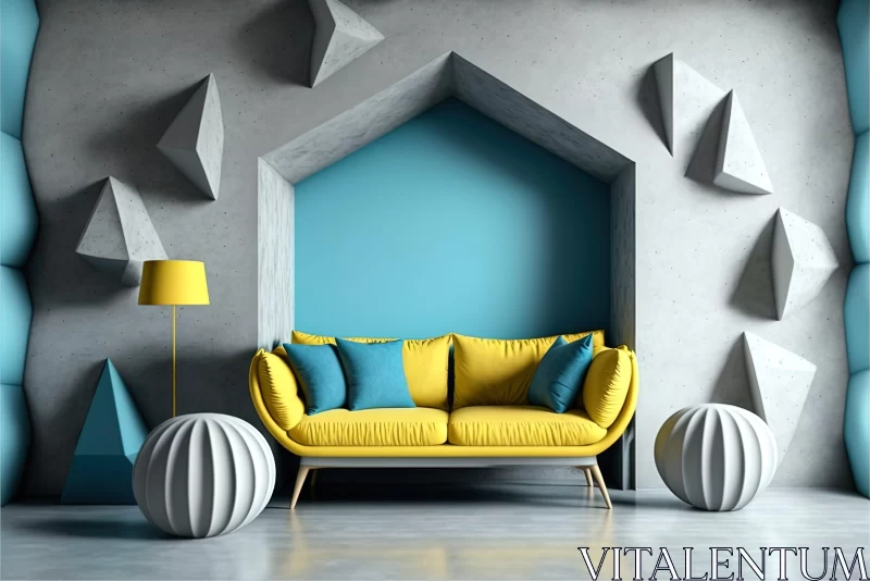 Futuristic Living Room with Blue and Yellow Decor AI Image