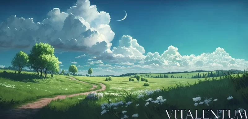 Serene Anime Art Landscape with Pastoral Theme AI Image