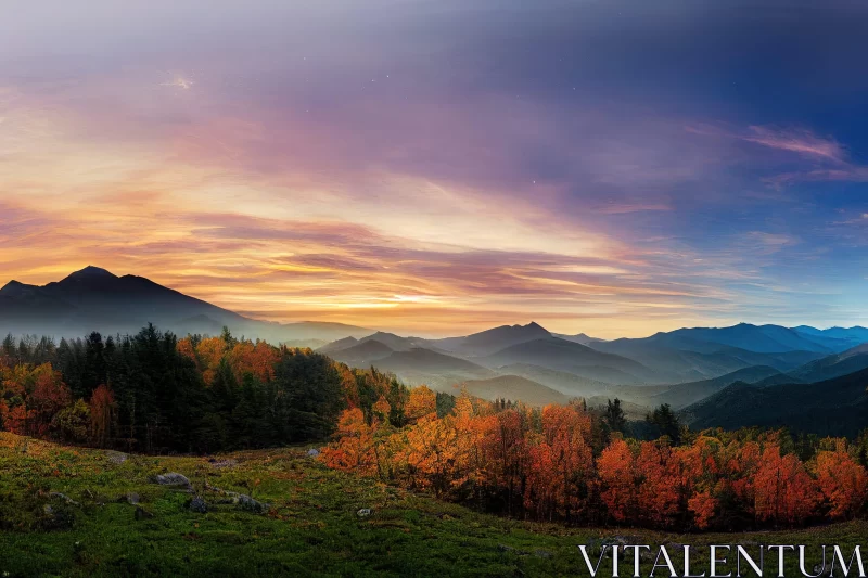 Vibrant Sunset Over Mountainous Landscape AI Image