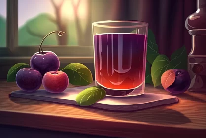 2D Game Art Styled Food Illustration - Glass of Juice and Plums