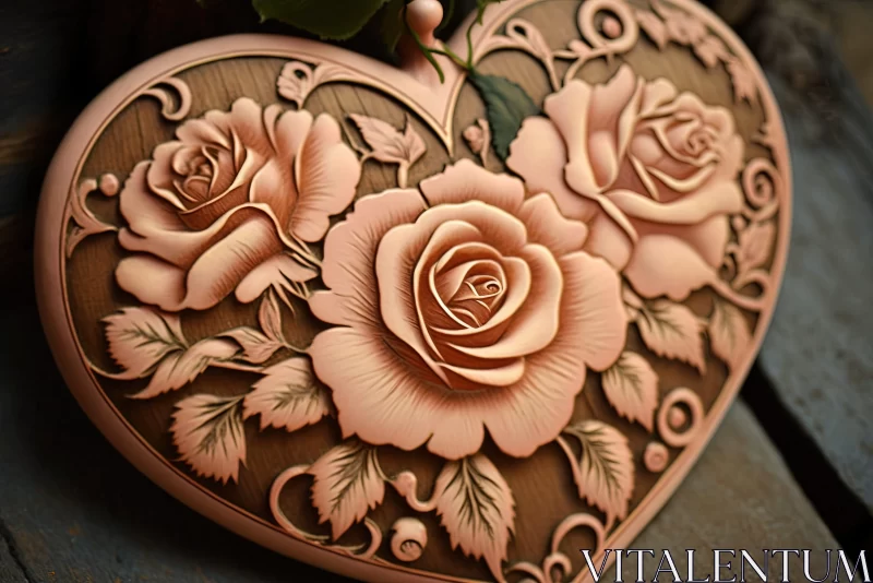 AI ART Artistic Heart Sculpture with Pink Roses on Wooden Base