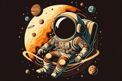 Astronaut in Retro-Styled Space Illustration AI Image
