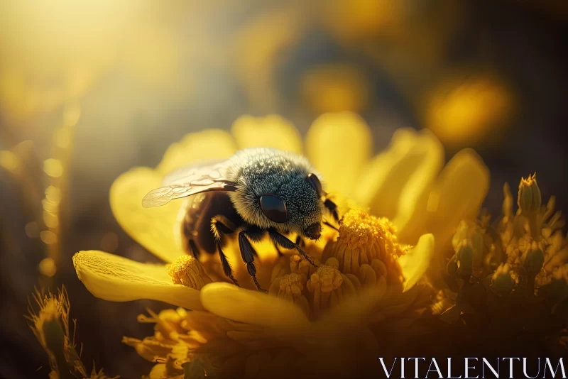 Bee on Yellow Flower at Sunset: A Soft-Focus Monochromatic Depiction AI Image