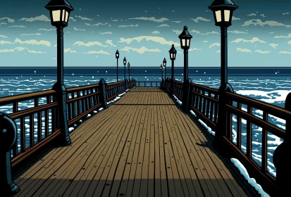 Sea Pier with Lanterns Artwork AI Image