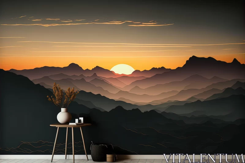 Sunrise Mountain Landscape Mural - A Blend of Nature and Interior Design AI Image