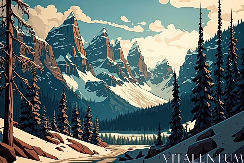Vintage Style Winter Landscape Illustration AI Image