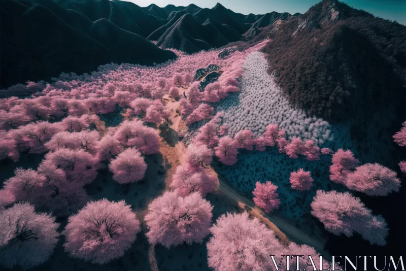 Infrared Springtime Splendor: Xing'an Mountains Adorned with Cherry Blossoms AI Image