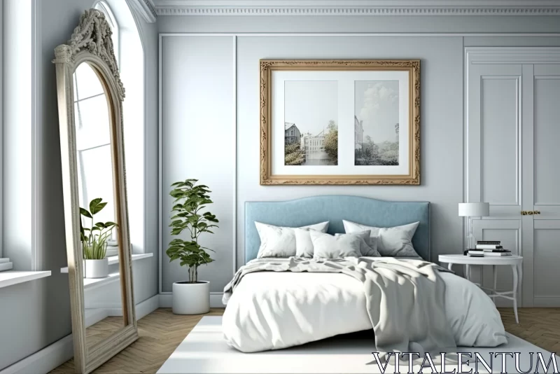 Luxurious Victorian-Style Bedroom in Light Blue and Gold AI Image