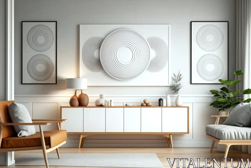 Modern Scandinavian Style Living Room with White Paintings AI Image