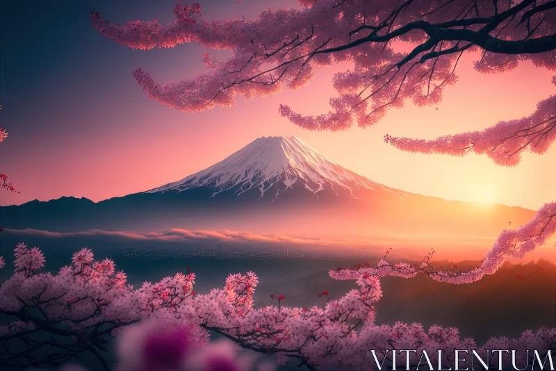 Mount Fuji and Cherry Blossoms: A Serene Sunset View AI Image