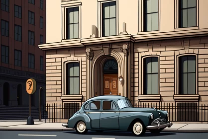 Old Car on City Street - Cartoonish Character Design in School of London Style AI Image