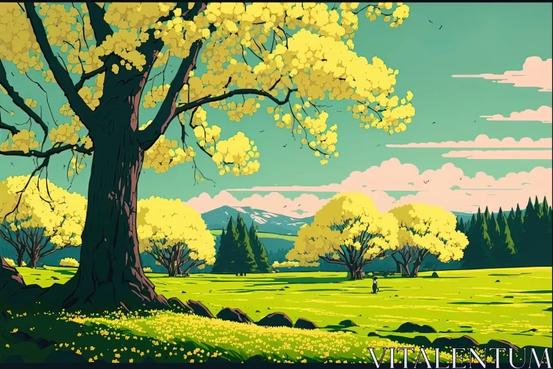 Anime Art Landscape - Yellow Trees on a Green Field AI Image