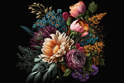 Detailed Floral Bouquet Artwork Against Black Background