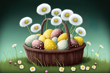 Easter Basket Full of Eggs and Dandelions - Fantasy Illustration