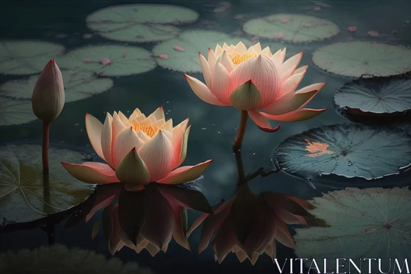 Elegant Pink Lotus Flowers Blooming in Tranquil Pond AI Image