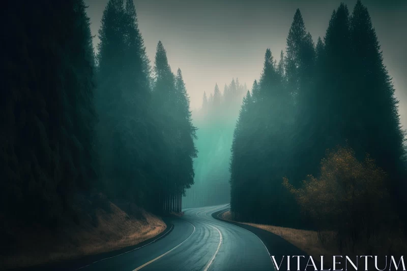 Mystical Foggy Forest Road - A Journey into the Unknown AI Image