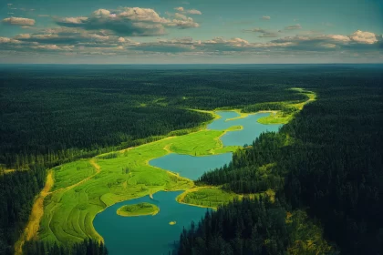 Romantic Aerial Landscape: Grassy Fields and Trees by a Green River