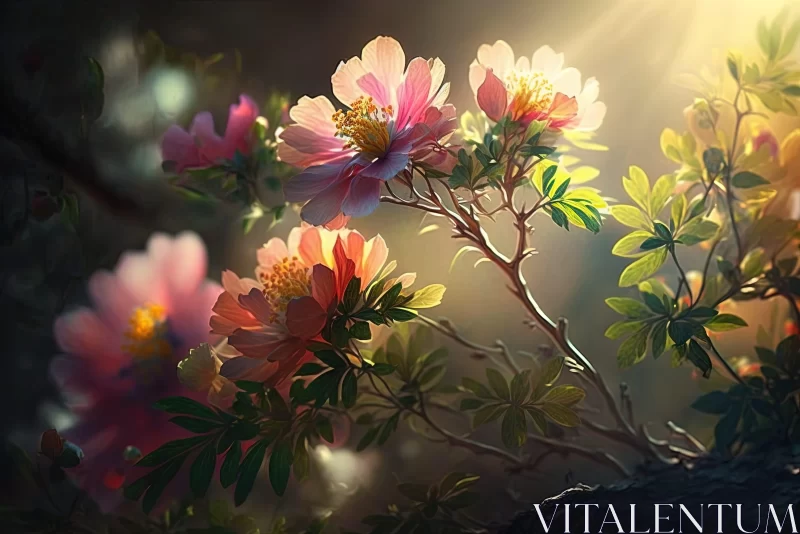 Sunlit Botanical Illustration - A Fusion of Japanese and Chinese Art AI Image