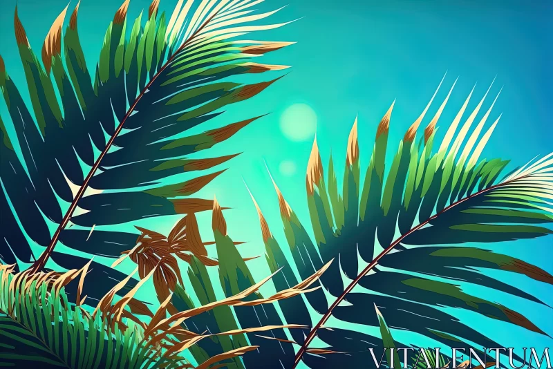 Tropical Jungle Illustration with Palm Leaves and Sun Beams AI Image