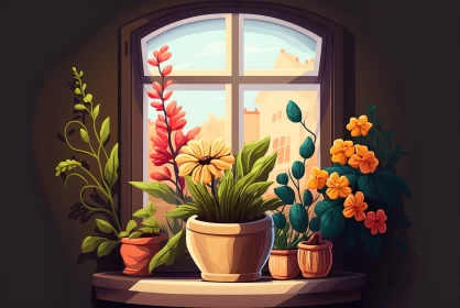 Warm Toned Illustration of Potted Flowers on a Window Sill
