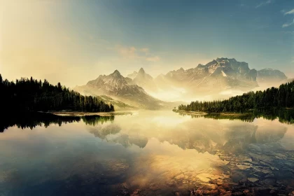 Dreamy Mountain Lake Landscape in Soft Amber Light
