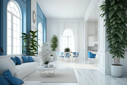 Luxurious White and Blue Living Room with Classical Architecture AI Image