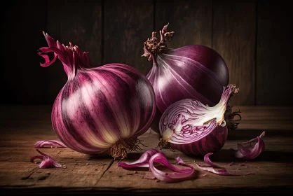 Red Onions on Wooden Background: A Study in Light and Shadow