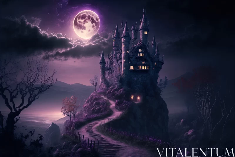 Mysterious Castle Under Moonlit Sky: A Fantasy Landscape AI Image