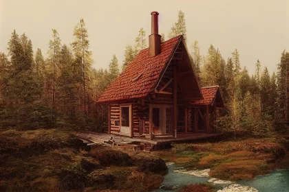 Vintage Cabin in the Dense Forest - A Nostalgic Artistic Rendering