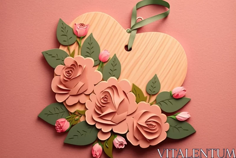 AI ART Wood Cutout Heart with Pink Roses - Luxurious Wall Hanging