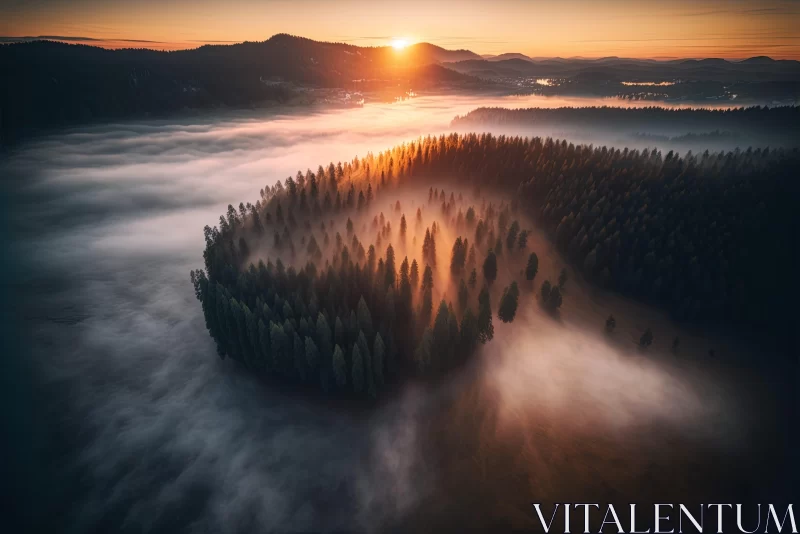Aerial View of Foggy Mountain Forest at Sunrise AI Image