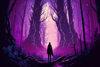 Alien in Deep Purple Forest: An Atmospheric Neo-Pop Illustration AI Image