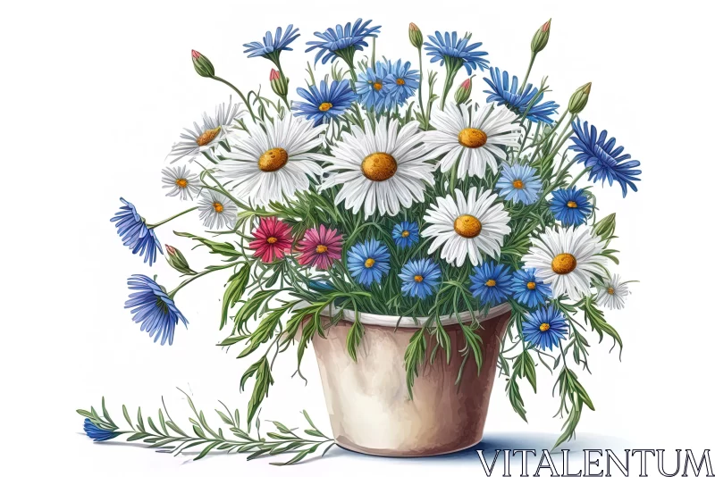 Blue and White Daisies in Flower Pot: A Naturalistic Illustration AI Image