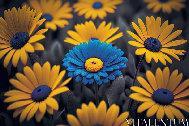 Blue and Yellow Flowers Against Dark Background AI Image