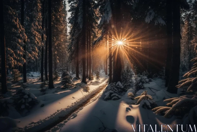 Sunrise in Snowy Forest: A Picture of Magical Realism AI Image