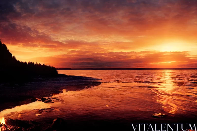 Sunset Over Water: A Panoramic Coastal Landscape AI Image