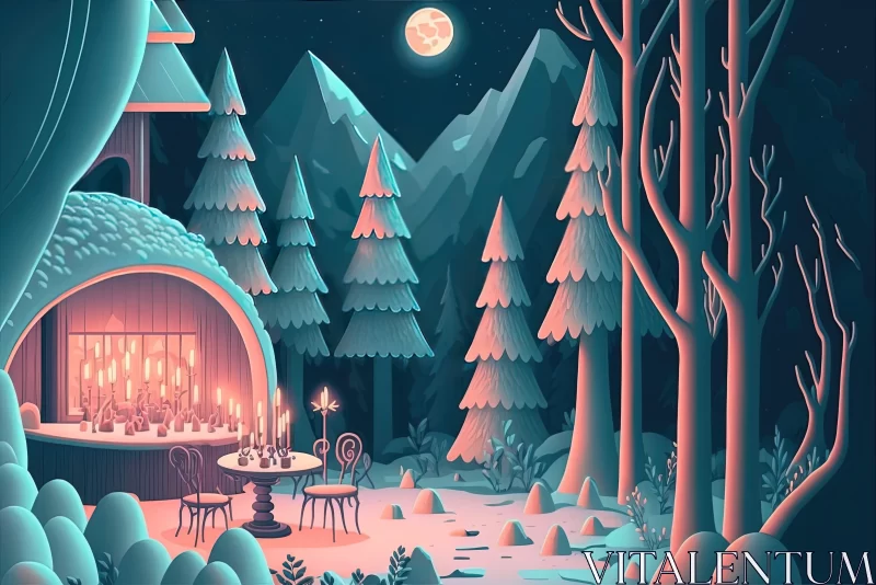 Festive Winter Night in the Forest: A Colorful Illustration AI Image
