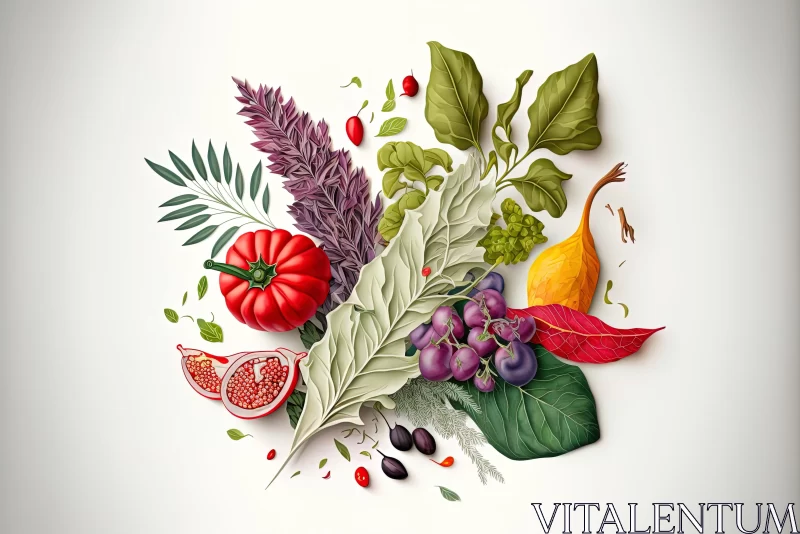 Organic Fruits, Vegetables, and Herbs in a Textured Illustration AI Image