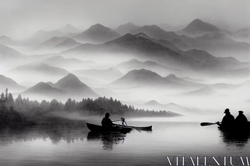 AI ART Monochromatic Serenity: Canoe Journey in Misty Mountain Landscape