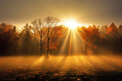 Sunlight Through Trees in a Foggy Landscape - Serene and Enchanting AI Image