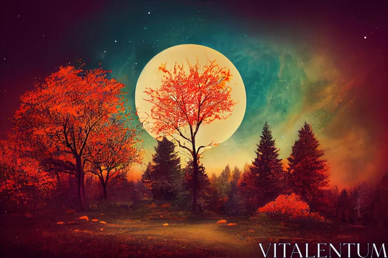 Surreal Full Moon Over a Colorful Forest AI Image